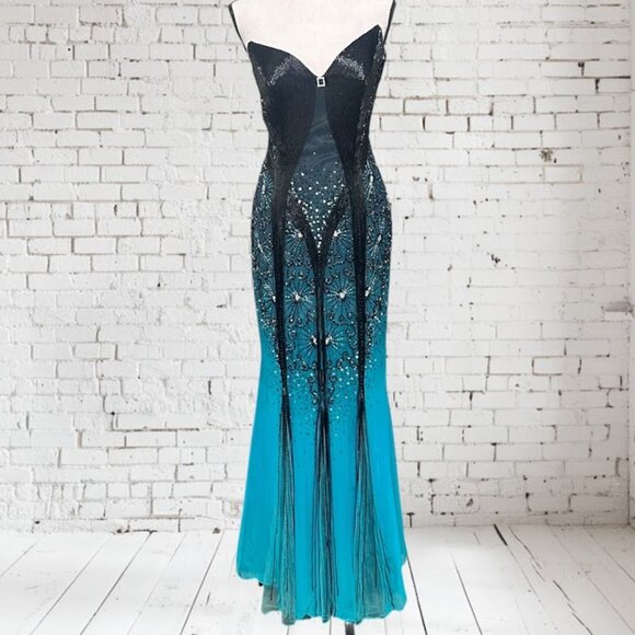 Vintage Y2K Alyce Designs Beaded 100% Silk Gown 6 Prom Pageant Dress Blue Black - Picture 1 of 12